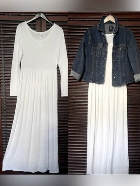 NWT White T-shirt Maxi Dress Long Sleeve Jersey Loose Stretch Scoop Neck Pockets